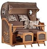 Strandkorb Teakholz Volllieger Strandstuhl Liegestuhl PE Geflecht Grey Düne Grand XL TEAK Dessin 540 Bullauge inkl. 4 Kissen Wechselpolster Strandkörbe aus Teak Garten Wintergarten und Terrassen
