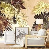 Fototapete Tropische Pflanze Goldene Blätter Fresken TV Sofa Kreative Kunst l De Moderne Tapete Wandbilder Wohnzimmer Schlafzimmer Wand Dekoration 3D Wandtapete Tapeten 150x105cm Yuekuomao3500