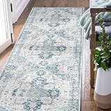 TOPICK Blau Läufer Flur Floral Teppich Vintage Blumenteppich Kurzflor Orientalischer Lang Küchenteppich Schlafzimmer Wohnzimmer Esszimmer Arbeitszimmer Büro Faltbar Teppichläufer Anpassbar 60x210cm