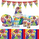 Rainbow Friends Partygeschirr Set, 63 Stück Rainbow Friends Geburtstag Geschirr Kit, Rainbow Friends Geburtstag Dekoration mit Pappteller, Gabeln, Pappbecher, Servietten, Tischdecke für 10 Gäste