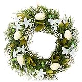 com-four® Osterkranz mit Blumen aus Holz und Eiern, dekorativer Tischkranz, Türkranz mit Aufhänger, stylische Osterdekoration