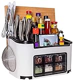 JWDS Küchenregal, Mehrzweck Küche Aufbewahrungsbox mit Messerhalter und Gewürzregale, 39 x 20 x 23 cm, Mattweiß