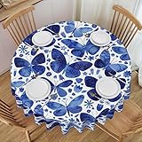 JCAKES Runde Tischdecke, 150 cm, blaue Schmetterlinge, abwischbar, wasserabweisend, Polyester-Tischdecke für Partys, Cafés, Esstische und Outdoor