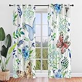 Hiseng Voile Vorhänge mit Ösen Durchsichtig Halbtransparent Ösenvorhang für Fenster Wohnzimmer Schlafzimmer Schmetterling 3D Moderne Elegante Transparent Gardine 2er Set (140x244cm,Blaue Rose)