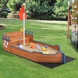 [en.casa] Sandkasten Mestia mit Piratenschiffoptik 136 x 193 x 94 cm Holzsandkasten Sandkiste Sandbox mit aufklappbarer Sitzbank Holz Natur