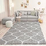 VIMODA Hochflor Teppich Muster Shaggy Marokkanisch Rauten Deko Wohnzimmer Grau Creme weich Robust Ethno, Maße:160x220 cm