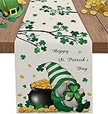 St. Patrick's Day Tischläufer, 33 x 178 cm, grüner Glückskleebaum, Zwerge, goldenes Bauernhaus, Kommode, Schals, Tischdekoration für Küche, Esszimmer, Couchtisch