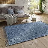 Taracarpet Handwebteppich Läufer Fleckerl Teppich Uni waschbar aus Baumwolle für Wohnzimmer und Küchenteppich 090x160 cm blau