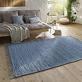 Taracarpet Handwebteppich Läufer Fleckerl Teppich Uni waschbar aus Baumwolle für Wohnzimmer und Küchenteppich 090x160 cm blau