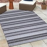 HomebyHome Outdoor Teppich Wetterfest 160x230 cm Sisal Optik Streifen Design Rechteckig Schwarz - Balkon Teppich Wasserfest Wascbarer Küchenteppich - Für, Terasse, Camping, Outdoor Teppich wetterf