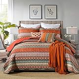 WONGS BEDDING Tagesdecke 240x260 Baumwolle Bettüberwurf Boho Stil Steppdecke Doppelbett Gesteppte Bunte Decke Set Patchwork Wohndecke mit 2 Kissenbezug 50x75cm für Schlafzimmer(Orange)