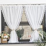 Yaland Leinenoptik Scheibengardine mit zarten Spitzen-Wellenkante Gardine in Küche, Wohnzummer,Balkon Landhausstil Stangendurchzug 1 Stück, Weiß, BxH 150x100cm