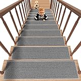 PADOOR Rutschfeste Treppenstufen, Gummi-Rückseite für Holzstufen, 15 Stück rückstandsfreie Teppich-Treppenstufen für Kinder und Hunde, 20,3 x 76,2 cm, Grau