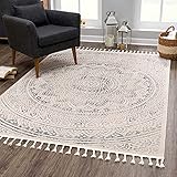 carpet city Teppich Wohnzimmer Grau - 200x290 cm - Ornamente Ethno-Stil - Kurzflor Teppiche Modern - Fransenteppich Tricolor Soft&Weich - Flachflor Schlafzimmer