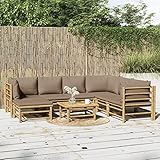 JUNZAI 8-TLG. Garten-Lounge-Set mit Kissen, Gartenlounge, Balkon Möbel, Gartenmöbel, Balkon Möbel Set, Balkonmöbel, Möbelsets, Balkon Lounge, Taupe Bambus