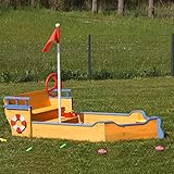 Sandkasten aus Holz Boot Segelschiff Priantenschiff Sandkiste Sandbox mit roter Flagge, Abdeckung, Vlies Bodenplane, Flaggenmast & Steuerrad für Kinder