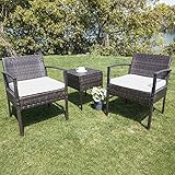 IJIALIFE 3-teiliges Terrassenmöbel-Set, Innen- und Außenbereich, Terrasse, Rattan, Gesprächs-Bistro-Set für Garten, Balkon, Hinterhof, Veranda, Rasen, braunes Rattan und weißes Kissen