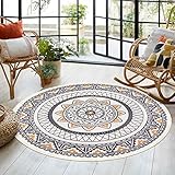 SHACOS Teppich Rund Vintage 120 cm Mandala Outdoor Teppich Rund Waschbar Grau Boho Teppich Rund Baumwollteppich für Wohnzimmer, Schlafzimmer, Flur, Garten