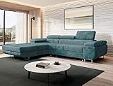 MODERNO Norberg Ecksofa Links mit Schlaffunktion Bettzeugbehälter, Eckcouch Schlafsofa Wohnzimmer Schlafzimmer, Möbel Sofas & Couches, Sofa Schlafcouch Couch Monolith Velours Türkis 72x279x205cm