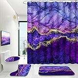 ENYORSEL Badezimmer Duschvorhang Set mit Teppichen, 4 Stück Gold Lila Marmor Bad Set mit fortschrittlichem Duschvorhang Set und 12 Haken, weiche rutschfeste Badematte, WC Uförmige Bodenmatte und