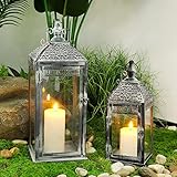 JSMY 2 Stück Hängende Kerzen Laternen 51&37cm Hoch Outdoor Laternen Retro-Laternen Kerzenhalter Metall mit Gehärtetem Glas kerzenständer für Garten Balkon Wohnzimmer Flur Tür Hoch(Dunkle Zementfarbe)