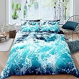 Feelyou Ocean Wave Bettwäsche-Set Ozean Meer Thema Bettbezug für Kinder Jungen Mädchen Teens Hawaiian Strand Unterwasser Bettbezug Atmungsaktiv Tagesdecke Bezug Blau Zimmer Dekor Bettbezug Queen Size