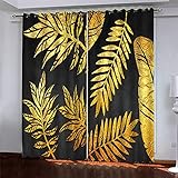 Vorhang Blickdicht Gardinen Kinderzimmer Schlafzimmer Verdunkelungsvorhang Vorhänge Wohnzimmer Thermovorhang Fensterdekoration 3D Tropische Goldene Blätter Muster Ösenschal 200X160Cm 2Er Set