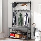 Multifunktionale Metall Kleiderständer, Kleiderständer Mit Haken,Garderobenständer Mit Sitzbank Und 9 Abnehmbaren Haken, Schlafzimmer Gaderobe Mit Schuhablage A,60X33X172CM