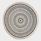 Homescapes runder Teppich, schwarz-weiß Gemustert, 145 cm großer Mandala-Teppich mit Fransen aus 100% Baumwolle, stylischer Boho-Teppich fürs Wohnzimmer oder Schlafzimmer mit geometrischem Muster
