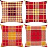 Outdoor Kissen Wasserdichter Kissenbezug 80x80 cm Kissenbezüge 4er Set Leinen Dekorativ Kissenhüllen Quadratische Kopfkissenbezug Sofa Kissen Zierkissen Pillow Cover Garten Deko Böhmisch Rot B22