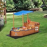 [en.casa] Sandkasten Grömitz 103 x 160 x 78 cm Segelschiff Sandkiste mit Sonnendach Sandbox mit aufklappbarer Sitzbank Tannenholz