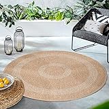 HomebyHome In & Outdoor Teppich Wetterfest Rund 120 cm Beige, Sisal und Jute Optik Balkon Teppich Wasserfest - Teppich Küche, Waschbarer Bordüre Design Camping Garten Terasse Outdoorteppich