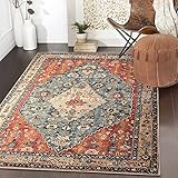 KIMODE Boho Tribal Teppich Schlafzimmer 90 x 150cm, Bohemian Eingangsbereich Innen Teppich Distressed Kunstwolle rutschfest Waschbar Kurzflor Teppich,Für Wohnzimmer Küche Esstisch Rot