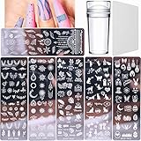 Luvadeyo Nail Art Plates, 6 Stück Nail Stamping Plate, Nagel Stamping Schablonen, mit 1 Stück Transparent Stempel, 1 Stück Schaber (Traumfänger, Gras, Muster, Blätter, Katze, Hase)