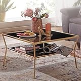 FineBuy Design Couchtisch Glas Schwarz 70 x 70 cm 2 Ebenen Gold Metallgestell | Wohnzimmertisch | Beistelltisch | Glastisch quadratisch