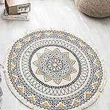 Lanqinglv Böhmisch Rund Teppich 120cm Mandala Muster Indische Teppiche Handgemachte Weben mit Quaste Baumwolleteppich Leinen Schwarz Gelb Dekor Wohnzimmer Schlafzimmer Vintage Teppich 120 Runder