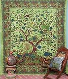 Popular Handicrafts Baum des Lebens Tagesdecke, Bohemian-Design, psychedelisch, aufwendig, Blumenmuster, indische Tagesdecke, 230 x 215 cm, Grün