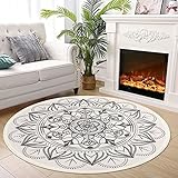 SHACOS Teppich Rund Groß 120 cm Waschbar Bedruckter Teppich Rund Boho Beige Baumwollteppich Vintage Mandala Teppich Balkon Rund Outdoor Teppich für Wohnzimmer, Schlafzimmer, Küche