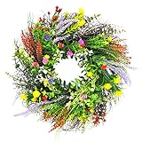 Türkranz Frühling Sommer künstliche Wildblumen Türkranz Ganzjährig 35cm, Frühlingskranz Bunt Blumenkranz Dekokranz Wandkranz Kranz für Tür, Fenster, Wand, Frühlingsdeko, Osterdeko