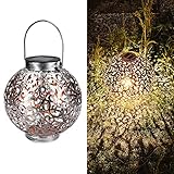 Navaris Metall LED Solarlaterne außen - Tragegriff - 16cm - cooler Schatteneffekt - Orientalische Garten Solar Laterne - Gartendeko Lampe Silber