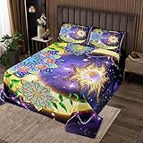 Sun Moon Tagesdecke M Größe,Aquarell Mandala Blumen Boho Coverlet Set Kinder Mädchen Jungen Erwachsene,Sternenhimmel Galaxy Gesteppte Abdeckung,lila romantische Bettwäsche Quilt,2 Kissenbezug