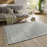 Taracarpet Handwebteppich Läufer Fleckerl Teppich Uni waschbar aus Baumwolle für Wohnzimmer und Küchenteppich 140x200 cm grau