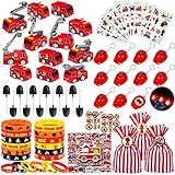 Mishopy 140Stck Feuerwehrmann Party Mitgebsel Kindergeburtstag Feuerwehrauto Schaufel LED Helm Schlüsselanhänger Silikonarmband Tattoos Aufkleber Geschenk Tasche Mitgebsel Kindergeburtstag für Jungen