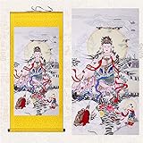 Thangka-Gemälde, tibetischer Thangka-Wandbehang, Mythologie Geschichte Guanyin Buddha-Gemälde Malerei Seidenrolle Zeichnung Dojo dekorative Gemälde-milchig (Color : Milky) (Color : Golden)