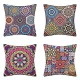 kissenbezug 50x50cm 4er Set Kissenbezüge Mandala Farbig Dekokissen Kissenhülle Leinen Couchkissen Quadratisch Sofakissen groß Zierkissenbezüge für Couch Sofa Bett Auto Schlafzimmer Wohnzimmer Deko C56