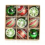 Weihnachtskugeln 9tlg 6cm Kunststoff Christbaumkugeln Weihnachtsdeko Weihnachtsbaum Dekoration Set Plastik Ornament Weihnachten Deko mit Anhänger Oh Hirsch Thema Rot Weiß Grün (Grün/Rot)