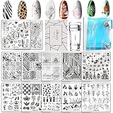 BUDOCI Nail Stamping Kit,12Pcs Nail Template Set Nail Plates Nail Stamping Templates with Double head Stamper und 1 Scraper mit Nail Plate Storage Bag Organizer