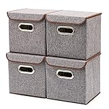 EZOWARE 4er Set Aufbewahrungsboxen Mit Deckel, faltbar Stoff Aufbewahrungsbox aus Linien, Faltbare Stoffboxen Aufbewahrung für Kleiderschrank, Kinderzimmer- 25x25x25 cm - Grau