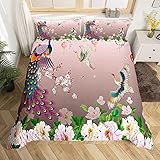 Loussiesd Japanischer Stil Bettbezug Pflaumenblüte Dekor Bettwäsche Set Doppelgröße Kran Pfauenfeder Blumenmuster romantisches Thema Bettbezug Set 1 Bettbezug mit 2 Kissen