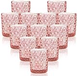 Qucover Glas Teelichthalter Rosa 12er Set kerzengläser 5x6.8cm Teelichtgläser Geschenk Kerzenhalter Deko für Haushalt, Geburtstag, Party, Hochzeit, Feier, Tischdeko Weihnachten(Rosa)